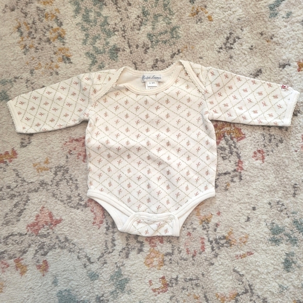 Ralph Lauren Baby Cream Patterned Long Sleeved Onesie